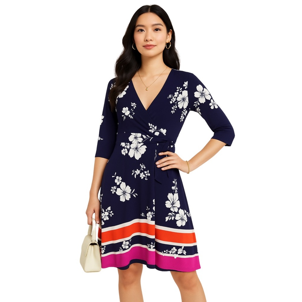 Vince Camuto Floral Faux Wrap Dress NWT Navy Pink Size 2 Fit & Flare